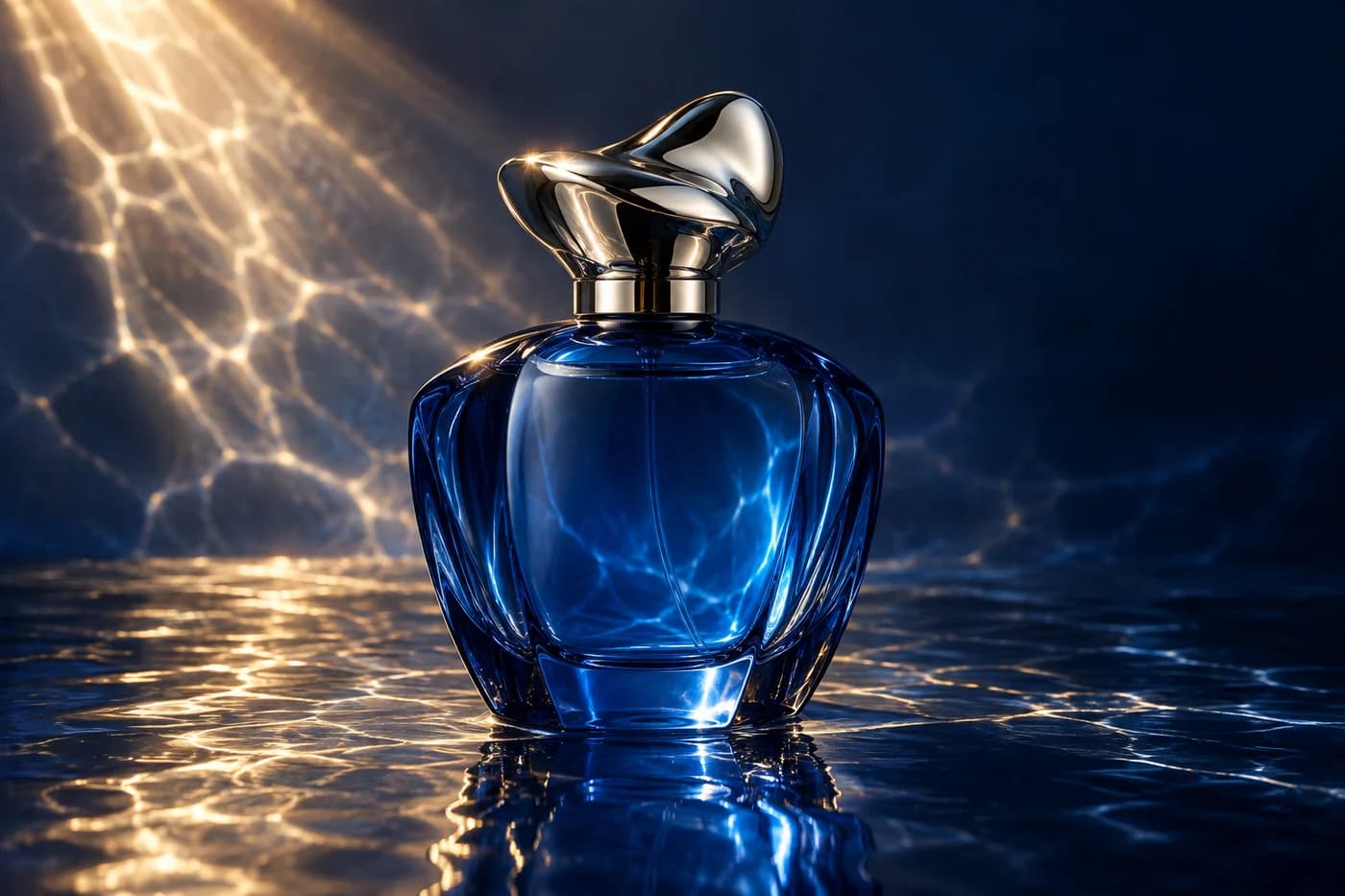 Cobalt-blue glass perfume bottle with a sculptural chrome cap and golden water reflections.