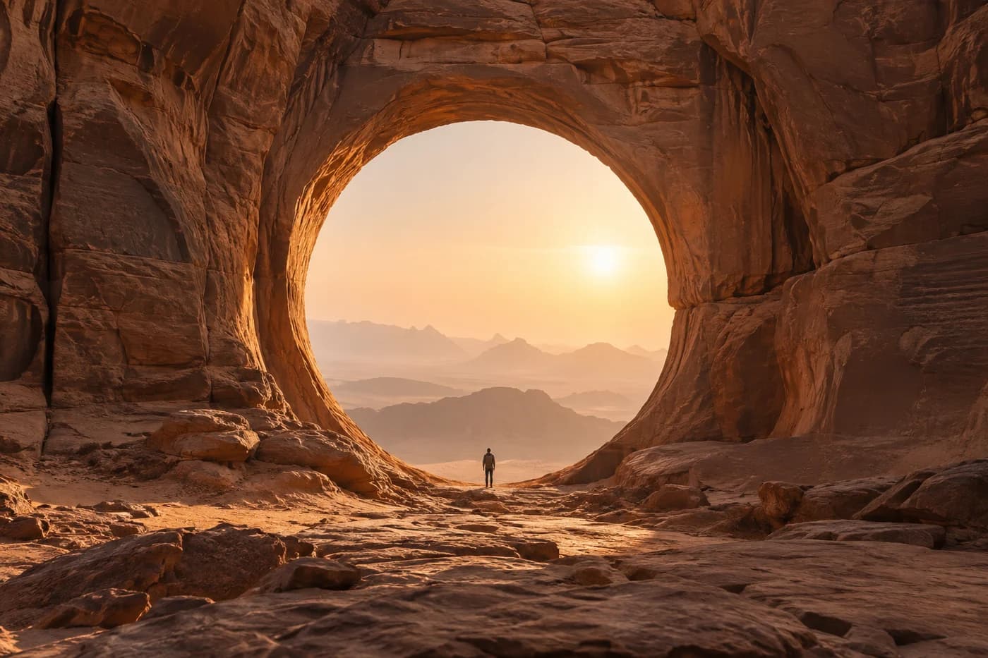 A lone traveller beneath a monumental circular opening in a sunlit sandstone cliff.